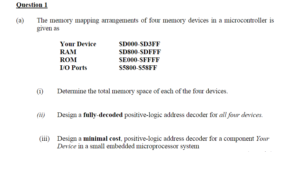 Question 1
The memory mapping arrangements of four memory devices in a microcontroller is
given as
(a)
Your Device
SD000-SD3FF
RAM
$D800-SDFFF
ROM
SE000-$FFFF
I/O Ports
$5800-S58FF
(i)
Determine the total memory space of each of the four devices.
(ii)
Design a fully-decoded positive-logic address decoder for all four devices.
(iii) Design a minimal cost, positive-logic address decoder for a component Your
Device in a small embedded microprocessor system
