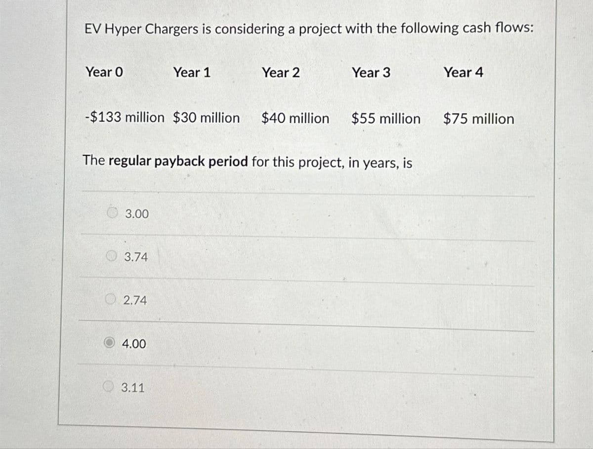 EV Hyper Chargers is considering a project with the following cash flows:
Year O
Year 1
Year 2
Year 3
Year 4
-$133 million $30 million
$40 million
$55 million
$75 million
The regular payback period for this project, in years, is
3.00
3.74
2.74
4.00
3.11