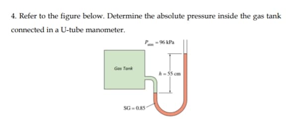 4. Refer to the figure below. Determine the absolute pressure inside the gas tank
connected in a U-tube manometer.
= 96 kPa
Gas Tank
h= 5 cm
SG = 0.85 °
