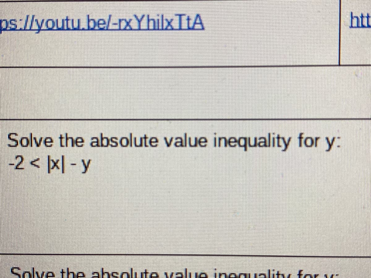ps:/lyoutu.be/-rxYhilxTtA
htt
Solve the absolute value inequality for y:
-2 < x| - y
Solve the absolute value ingguality for v
