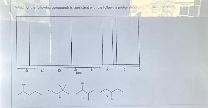 Which of the following compounds is consistent with the following proton decoupled 13C NMR spectrum
2
OH
HO
B
11
PPM
OH
III
30
20
IV
OH