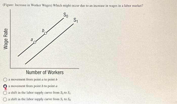 (Figure: Increase in Worker Wages) Which might occur due to an increase in wages in a labor market?
So
Wage Rate
b
Number of Workers
a movement from point a to point b
a movement from point b to point a
a shift in the labor supply curve from So to S₁
a shift in the labor supply curve from S₁ to So
S1