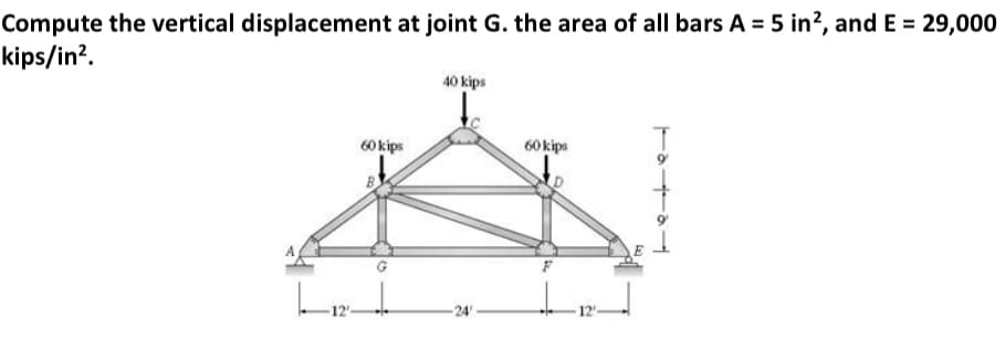 Compute the vertical displacement at joint G. the area of all bars A = 5 in?, and E = 29,000
kips/in?.
40 kips
60 kips
60 kips
-24'

