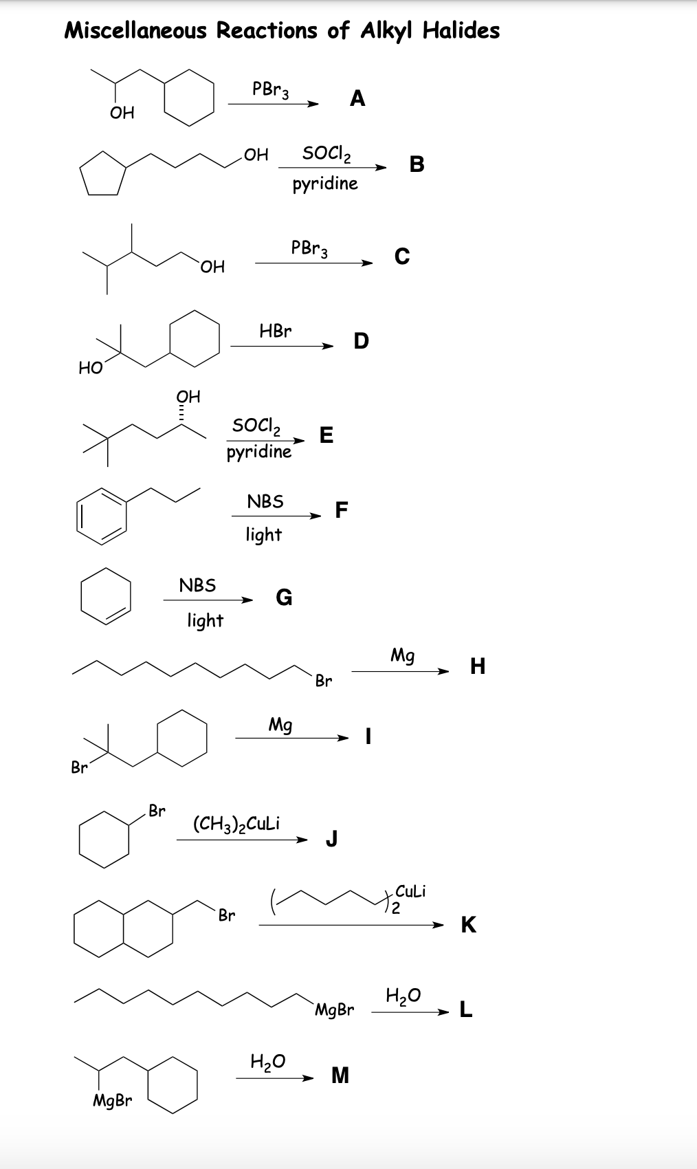 Miscellaneous Reactions of Alkyl Halides
PBR3
A
OH
SOCI2
→ B
pyridine
PBr3
C
HO.
HBr
D
HO
OH
socl,
E
pyridine
NBS
F
light
NBS
light
Mg
H
Br
Mg
Br
Br
(CH3)2CULI
J
CULi
Br
> K
H20
MgBr
H20
> M
MgBr
