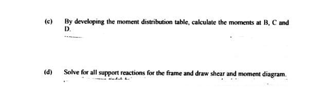 (c)
(d)
By developing the moment distribution table, calculate the moments at B, C and
D.
Solve for all support reactions for the frame and draw shear and moment diagram.
indah h