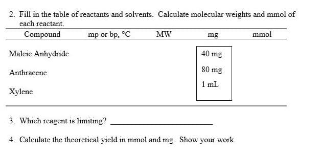 2. Fill in the table of reactants and solvents. Calculate molecular weights and mmol of
each reactant.
Compound
mp or bp. °C
Maleic Anhydride
Anthracene
Xylene
MW
mg
40 mg
80 mg
1 mL
3. Which reagent is limiting?
4. Calculate the theoretical yield in mmol and mg. Show your work.
mmol