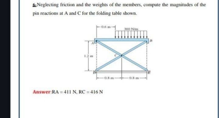 6-Neglecting friction and the weights of the members, compute the magnitudes of the
pin reactions at A and C for the folding table shown.
1.2 m
-0.6 m
300 N/m
Answer:RA 411 N, RC = 416 N
0.8 m
-0.8 m-