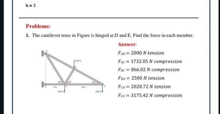 h.w 2
Problems:
1. The cantilever truss in Figure is hinged at D and E. Find the force in each member.
1000 N
Answer:
FAB 2000 N tension
FAC 1732.05 N compression
FBC=866.02 N compression
FBD = 2500 N tension
Fco 2020.72 N tension
FCE
3175.42 N compression