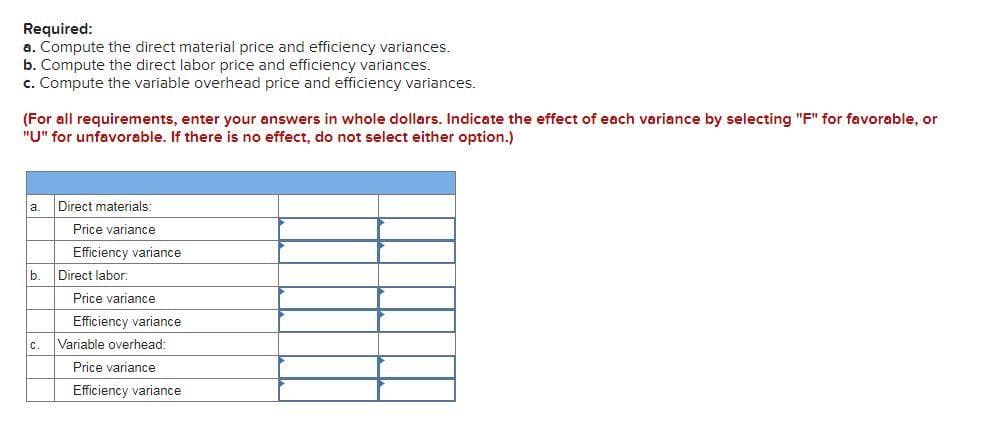Required:
a. Compute the direct material price and efficiency variances.
b. Compute the direct labor price and efficiency variances.
c. Compute the variable overhead price and efficiency variances.
(For all requirements, enter your answers in whole dollars. Indicate the effect of each variance by selecting "F" for favorable, or
"U" for unfavorable. If there is no effect, do not select either option.)
a.
Direct materials:
Price variance
Efficiency variance
b.
Direct labor:
Price variance
Efficiency variance
с.
Variable overhead:
Price variance
Efficiency variance
