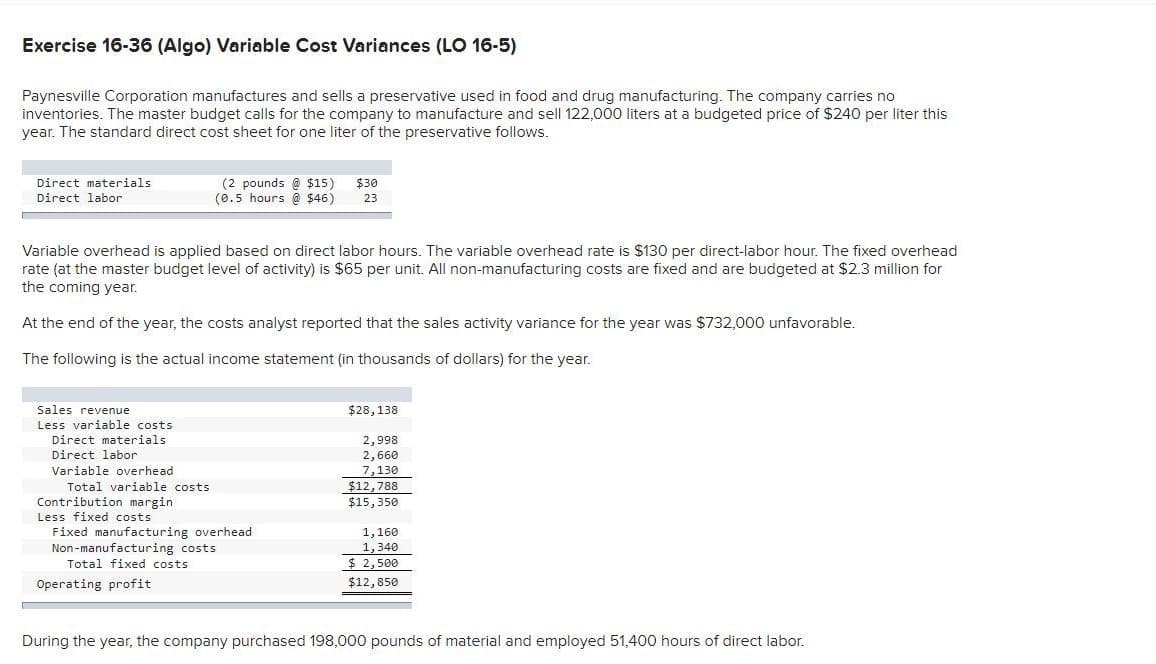 Exercise 16-36 (Algo) Variable Cost Variances (LO 16-5)
Paynesville Corporation manufactures and sells a preservative used in food and drug manufacturing. The company carries no
inventories. The master budget calls for the company to manufacture and sell 122,000 liters at a budgeted price of $240 per liter this
year. The standard direct cost sheet for one liter of the preservative follows.
(2 pounds @ $15)
(0.5 hours @ $46)
Direct materials
$30
Direct labor
23
Variable overhead is applied based on direct labor hours. The variable overhead rate is $130 per direct-labor hour. The fixed overhead
rate (at the master budget level of activity) is $65 per unit. All non-manufacturing costs are fixed and are budgeted at $2.3 million for
the coming year.
At the end of the year, the costs analyst reported that the sales activity variance for the year was $732,000 unfavorable.
The following is the actual income statement (in thousands of dollars) for the year.
Sales revenue
$28,138
Less variable costs
Direct materials
2,998
2,660
7,130
$12,788
$15,350
Direct labor
Variable overhead
Total variable costs
Contribution margin
Less fixed costs
Fixed manufacturing overhead
Non-manufacturing costs
Total fixed costs
1,160
1,340
$ 2,500
Operating profit
$12,850
During the year, the company purchased 198,000 pounds of material and employed 51,400 hours of direct labor.

