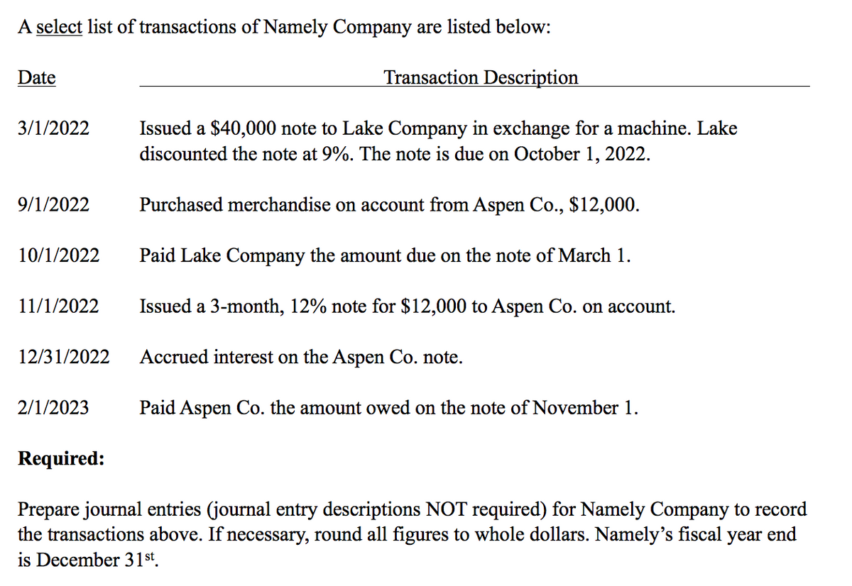 A select list of transactions of Namely Company are listed below:
Date
Transaction Description
Issued a $40,000 note to Lake Company in exchange for a machine. Lake
discounted the note at 9%. The note is due on October 1, 2022.
3/1/2022
9/1/2022
Purchased merchandise on account from Aspen Co., $12,000.
10/1/2022
Paid Lake Company the amount due on the note of March 1.
11/1/2022
Issued a 3-month, 12% note for $12,000 to Aspen Co. on account.
12/31/2022
Accrued interest on the Aspen Co. note.
2/1/2023
Paid Aspen Co. the amount owed on the note of November 1.
Required:
Prepare journal entries (journal entry descriptions NOT required) for Namely Company to record
the transactions above. If necessary, round all figures to whole dollars. Namely's fiscal year end
is December 31st.
