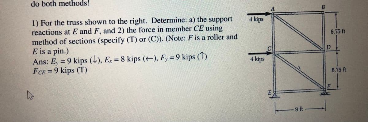 do both methods!
B
1) For the truss shown to the right. Determine: a) the support
reactions at E and F, and 2) the force in member CE using
method of sections (specify (T) or (C)). (Note: F is a roller and
E is a pin.)
Ans: Ey = 9 kips (), Ex = 8 kips (), Fy = 9 kips (T)
FCE = 9 kips (T)
4 kips
6.75 ft
D.
%3D
4 kips
%3D
6.75 ft
E
