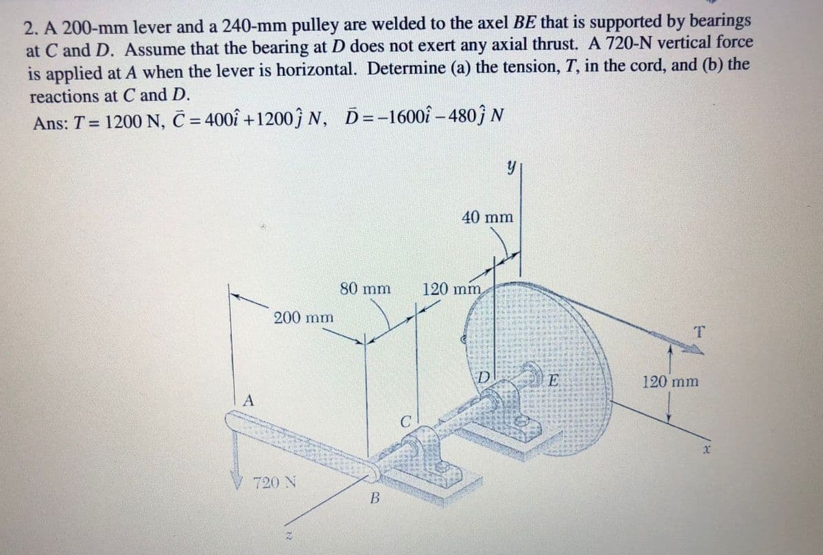 2. A 200-mm lever and a 240-mm pulley are welded to the axel BE that is supported by bearings
at C and D. Assume that the bearing at D does not exert any axial thrust. A 720-N vertical force
is applied at A when the lever is horizontal. Determine (a) the tension, T, in the cord, and (b) the
reactions at C and D.
Ans: T = 1200N, C = 400î +1200 N,
D=-1600î – 480ĵ N
%3D
40 mm
80 mm
120 mm
200 mm
D
E
120 mm
720 N
