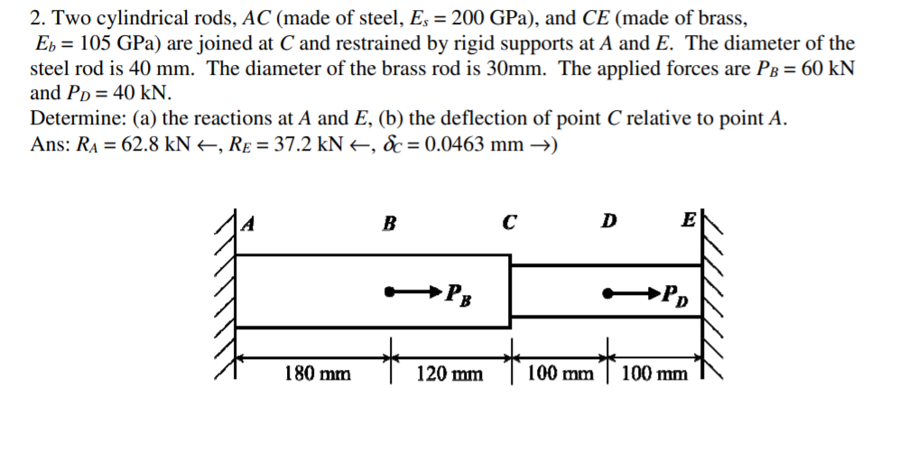 2. Two cylindrical rods, AC (made of steel, E, = 200 GPa), and CE (made of brass,
Eb = 105 GPa) are joined at C and restrained by rigid supports at A and E. The diameter of the
steel rod is 40 mm. The diameter of the brass rod is 30mm. The applied forces are PB = 60 kN
and Pp = 40 kN.
Determine: (a) the reactions at A and E, (b) the deflection of point C relative to point A.
Ans: RA = 62.8 kN +, Re = 37.2 kN –, &c = 0.0463 mm →)
B
C
D
E
Pp
180 mm
120 mm
100 mm
100 mm
