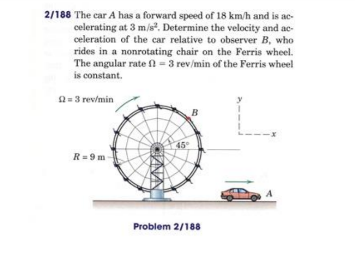 2/188 The car A has a forward speed of 18 km/h and is ac-
celerating at 3 m/s2. Determine the velocity and ac-
celeration of the car relative to observer B, who
rides in a nonrotating chair on the Ferris wheel.
The angular rate 3 rev/min of the Ferris wheel
is constant.
2 = 3 rev/min
B
45°
R=9 m
Problem 2/188
