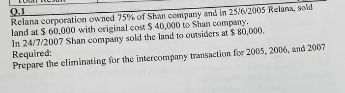 Q.1
Relana corporation owned 75% of Shan company and in 25/6/2005 Relana, sold
land at $ 60,000 with original cost $ 40,000 to Shan company.
In 24/7/2007 Shan company sold the land to outsiders at $ 80,000.
Required:
Prepare the eliminating for the intercompany transaction for 2005, 2006, and 2007
