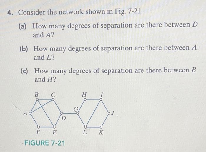 4. Consider the network shown in Fig. 7-21.
(a) How many degrees of separation are there between D
and A?
(b) How many degrees of separation are there between A
and L?
(c) How many degrees of separation are there between B
and H?
A&
B
C
FE
D
FIGURE 7-21
H
LK
J