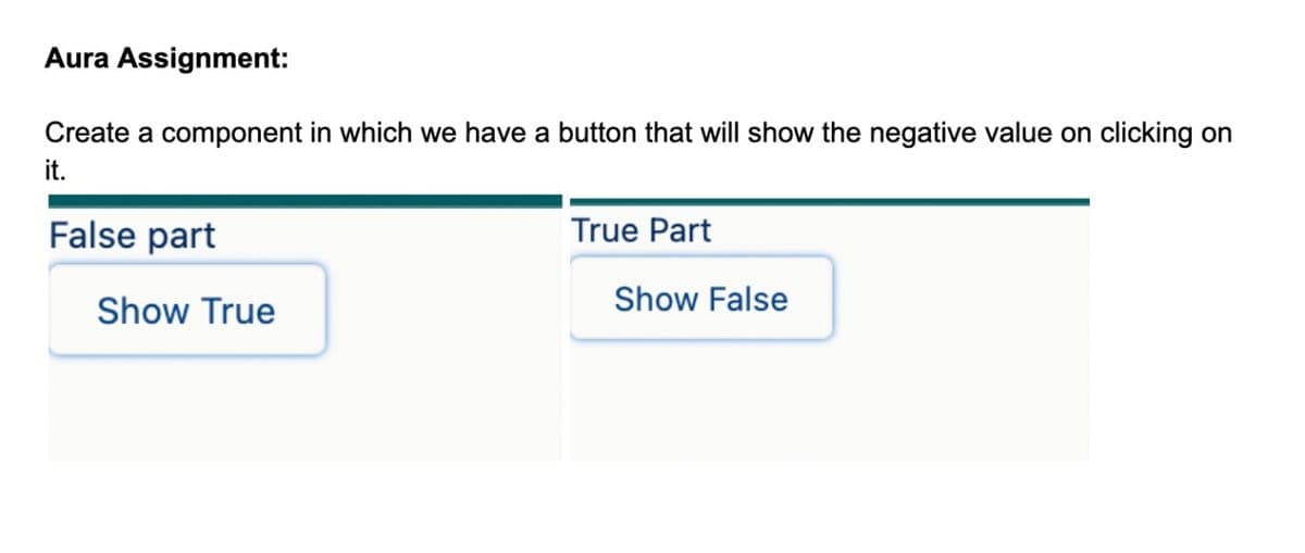 Aura Assignment:
Create a component in which we have a button that will show the negative value on clicking on
it.
False part
True Part
Show True
Show False
