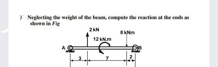 ) Neglecting the weight of the beam, compute the reaction at the ends as
shown in Fig
2 kN
8 kNm
12 kN.m
A
