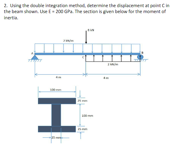 2. Using the double integration method, determine the displacement at point C in
the beam shown. Use E = 200 GPa. The section is given below for the moment of
inertia.
8 kN
2 kN/m
B
2 kN/m
4 m
4 m
100 mm
25 rmrm
100 mm
25 mm
25 mm
