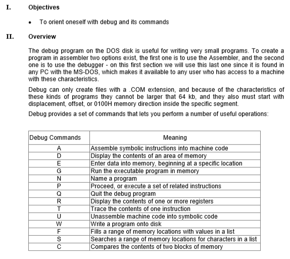 I.
Objectives
• To orient oneself with debug and its commands
II.
Overview
The debug program on the DOS disk is useful for writing very small programs. To create a
program in assembler two options exist, the first one is to use the Assembler, and the second
one is to use the debugger - on this first section we will use this last one since it is found in
any PC with the MS-DOS, which makes it available to any user who has access to a machine
with these characteristics.
Debug can only create files with a .COM extension, and because of the characteristics of
these kinds of programs they cannot be larger that 64 kb, and they also must start with
displacement, offset, or 0100H memory direction inside the specific segment.
Debug provides a set of commands that lets you perform a number of useful operations:
Debug Commands
Meaning
|Assemble symbolic instructions into machine code
Display the contents of an area of memory
Enter data into memory, beginning at a specific location
Run the executable program in memory
Name a program
Proceed, or execute a set of related instructions
Quit the debug program
Display the contents of one or more registers
|Trace the contents of one instruction
|Unassemble machine code into symbolic code
Write a program onto disk
Fills a range of memory locations with values in a list
Searches a range of memory locations for characters in a list
Compares the contents of two blocks of memory
A.
D
G
Q
R
U
W
F
