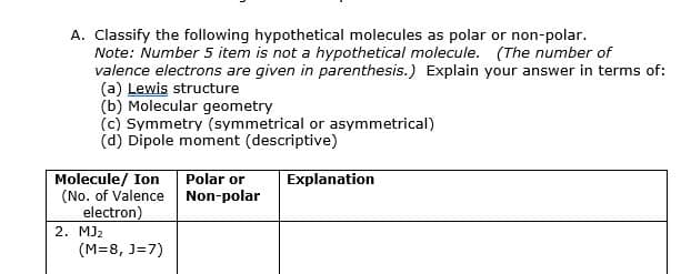 A. Classify the following hypothetical molecules as polar or non-polar.
Note: Number 5 item is not a hypothetical molecule. (The number of
valence electrons are given in parenthesis.) Explain your answer in terms of:
(a) Lewis structure
(b) Molecular geometry
(c) Symmetry (symmetrical or asymmetrical)
(d) Dipole moment (descriptive)
Molecule/ Ion
(No. of Valence Non-polar
electron)
2. MJ2
(M=8, J=7)
Polar or
Explanation
