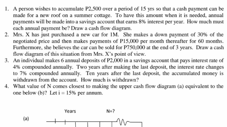 1. A person wishes to accumulate P2,500 over a period of 15 yrs so that a cash payment can be
made for a new roof on a summer cottage. To have this amount when it is needed, annual
payments will be made into a savings account that earns 8% interest per year. How much must
each annual payment be? Draw a cash flow diagram.
2. Mrs. X has just purchased a new car for 1M. She makes a down payment of 30% of the
negotiated price and then makes payments of P15,000 per month thereafter for 60 months.
Furthermore, she believes the car can be sold for P750,000 at the end of 3 years. Draw a cash
flow diagram of this situation from Mrs. X's point of view.
3. An individual makes 6 annual deposits of P2,000 in a savings account that pays interest rate of
4% compounded annually. Two years after making the last deposit, the interest rate changes
to 7% compounded annually. Ten years after the last deposit, the accumulated money is
withdrawn from the account. How much is withdrawn?
4. What value of N comes closest to making the upper cash flow diagram (a) equivalent to the
one below (b)? Let i = 15% per annum.
Years
N=?
(a)
