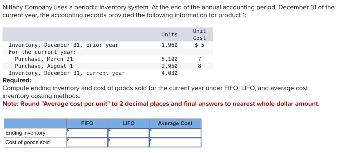 Nittany Company uses a periodic inventory system. At the end of the annual accounting period, December 31 of the
current year, the accounting records provided the following information for product 1:
Inventory, December 31, prior year
For the current year:
Purchase, March 21
Purchase, August 1
Inventory, December 31, current year
Ending inventory
Cost of goods sold
FIFO
Units
1,960
LIFO
5,100
2,950
4,030
Required:
Compute ending inventory and cost of goods sold for the current year under FIFO, LIFO, and average cost
inventory costing methods.
Note: Round "Average cost per unit" to 2 decimal places and final answers to nearest whole dollar amount.
Unit
Cost
$5
Average Cost
7
8