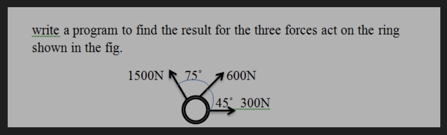write a program to find the result for the three forces act on the ring
shown in the fig.
1500N 75°
1600N
45 300N
