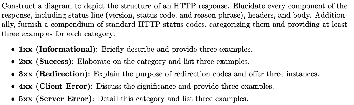 Construct a diagram to depict the structure of an HTTP response. Elucidate every component of the
response, including status line (version, status code, and reason phrase), headers, and body. Addition-
ally, furnish a compendium of standard HTTP status codes, categorizing them and providing at least
three examples for each category:
• 1xx (Informational): Briefly describe and provide three examples.
• 2xx (Success): Elaborate on the category and list three examples.
• 3xx (Redirection): Explain the purpose of redirection codes and offer three instances.
• 4xx (Client Error): Discuss the significance and provide three examples.
• 5xx (Server Error): Detail this category and list three examples.