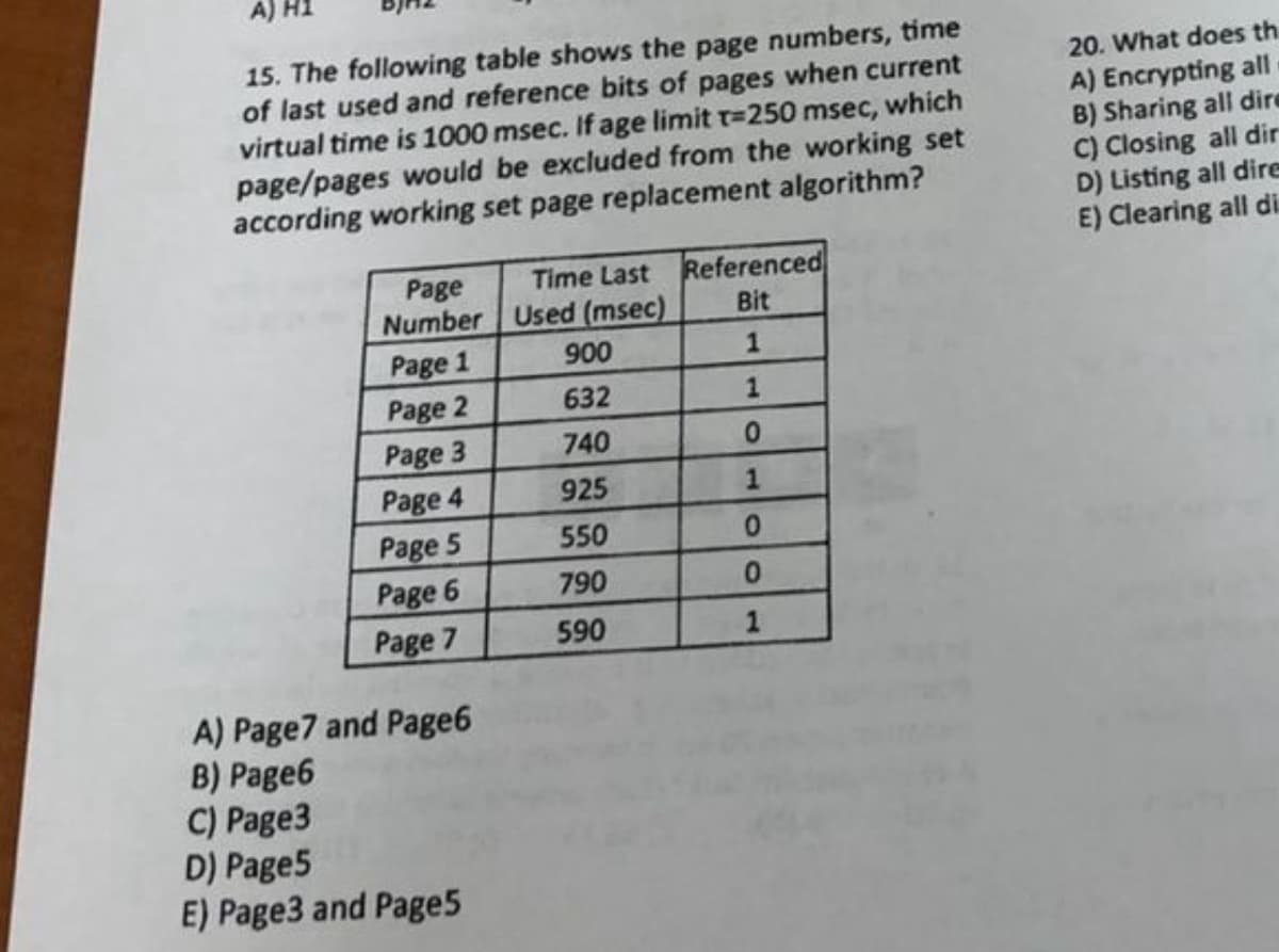 15. The following table shows the page numbers, time
of last used and reference bits of pages when current
virtual time is 1000 msec. If age limit T-250 msec, which
page/pages would be excluded from the working set
according working set page replacement algorithm?
Page
Number
Page 1
Page 2
Page 3
Page 4
Page 5
Page 6
Page 7
A) Page7 and Page6
B) Page6
C) Page3
D) Page5
E) Page3 and Page5
Time Last
Used (msec)
900
632
740
925
550
790
590
Referenced
Bit
1
1
0
1
0
0
1
20. What does th
A) Encrypting all
B) Sharing all dire
C) Closing all dir
D) Listing all dire
E) Clearing all di