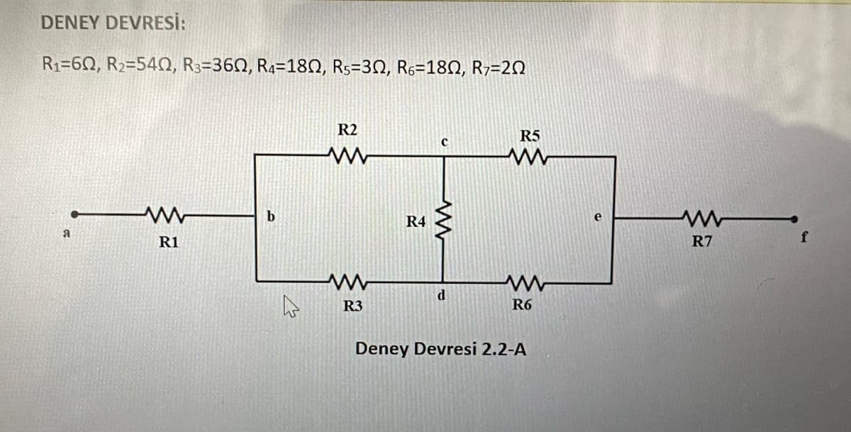 DENEY DEVRESİ:
R₁-60, R₂=540, R3=360, R4=180, R5=30, R6=180, R7=20
www
R1
b
کے
R2
www
R3
R4
d
R5
ww
R6
Deney Devresi 2.2-A
R7
f