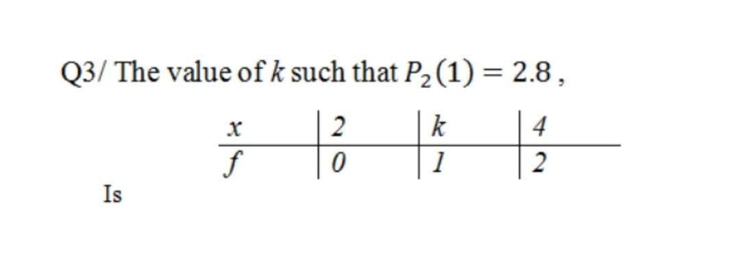 Q3/ The value of k such that P,(1) = 2.8 ,
2
k
4
f
1
2
Is
