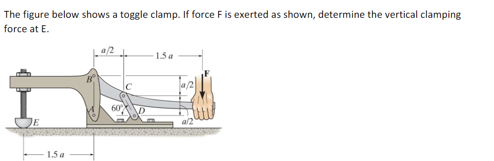 The figure below shows a toggle clamp. If force F is exerted as shown, determine the vertical clamping
force at E.
a/2 +
1.5 a
m
E
1.5 a
60°
C
a/2
a/2
