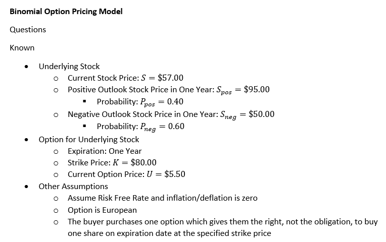 Binomial Option Pricing Model
Questions
Known
Underlying Stock
o Current Stock Price: S = $57.00
O Positive Outlook Stock Price in One Year: Spos = $95.00
Probability: Ppos = 0.40
Negative Outlook Stock Price in One Year: Sneg = $50.00
Probability: Pneg
0.60
Option for Underlying Stock
o Expiration: One Year
o Strike Price: K = $80.00
o Current Option Price: U = $5.50
Other Assumptions
o Assume Risk Free Rate and inflation/deflation is zero
o Option is European
The buyer purchases one option which gives them the right, not the obligation, to buy
one share on expiration date at the specified strike price
