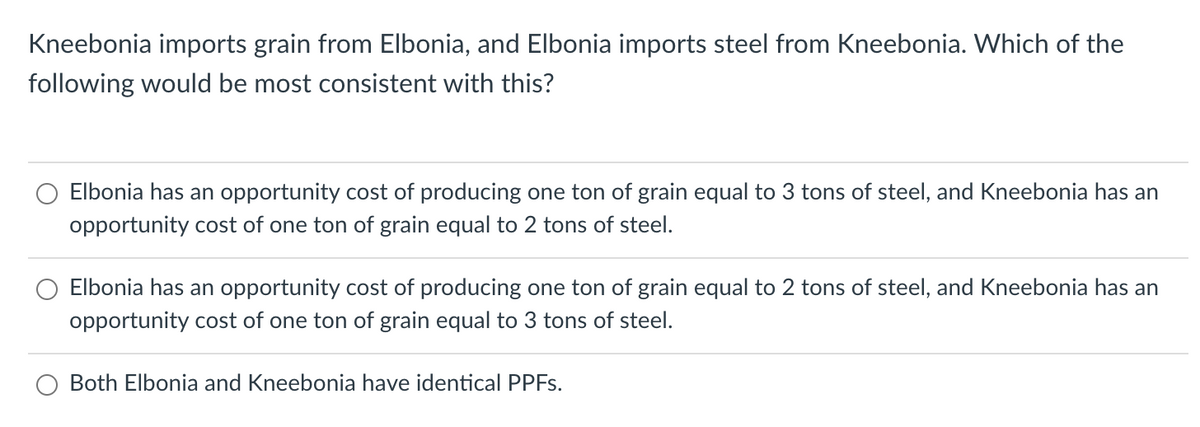 Kneebonia imports grain from Elbonia, and Elbonia imports steel from Kneebonia. Which of the
following would be most consistent with this?
Elbonia has an opportunity cost of producing one ton of grain equal to 3 tons of steel, and Kneebonia has an
opportunity cost of one ton of grain equal to 2 tons of steel.
Elbonia has an opportunity cost of producing one ton of grain equal to 2 tons of steel, and Kneebonia has an
opportunity cost of one ton of grain equal to 3 tons of steel.
Both Elbonia and Kneebonia have identical PPFS.

