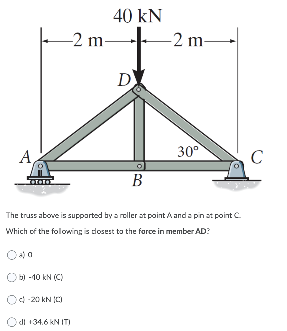 40 kN
-2 m-
-2 m
D
A
30°
C
В
The truss above is supported by a roller at point A and a pin at point C.
Which of the following is closest to the force in member AD?
а) О
O b) -40 kN (C)
c) -20 kN (C)
d) +34.6 kN (T)
