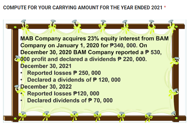 COMPUTE FOR YOUR CARRYING AMOUNT FOR THE YEAR ENDED 2021 *
MAB Company acquires 23% equity interest from BAM
Company on January 1, 2020 for P340, 000. On
December 30, 2020 BAM Company reported a P 530,
000 profit and declared a dividends P 220, 000.
December 30, 2021
Reported losses P 250, 000
Declared a dividends of P 120, 000
December 30, 2022
Reported losses P120, 000
Declared dividends of P 70, 000