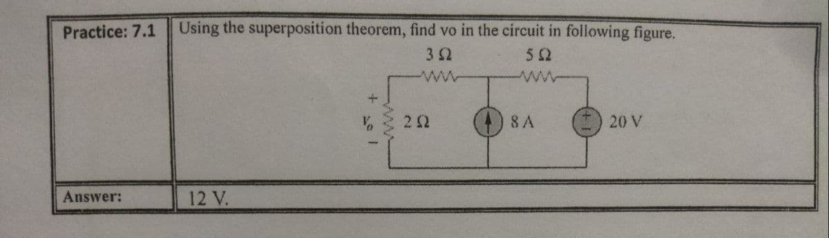 Practice: 7.1
Using the superposition theorem, find vo in the circuit in following figure.
32
www
20 V
Answer:
12 V.

