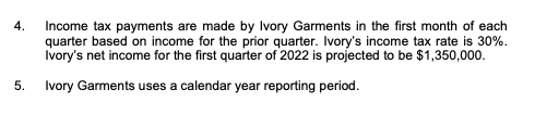4.
Income tax payments are made by Ivory Garments in the first month of each
quarter based on income for the prior quarter. Ivory's income tax rate is 30%.
Ivory's net income for the first quarter of 2022 is projected to be $1,350,000.
5.
Ivory Garments uses a calendar year reporting period.
