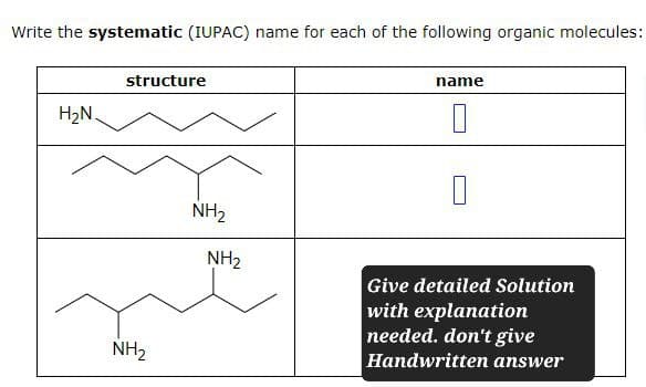 Write the systematic (IUPAC) name for each of the following organic molecules:
H₂N
structure
NH2
name
☐
D
NH2
NH2
Give detailed Solution
with explanation
needed. don't give
Handwritten answer