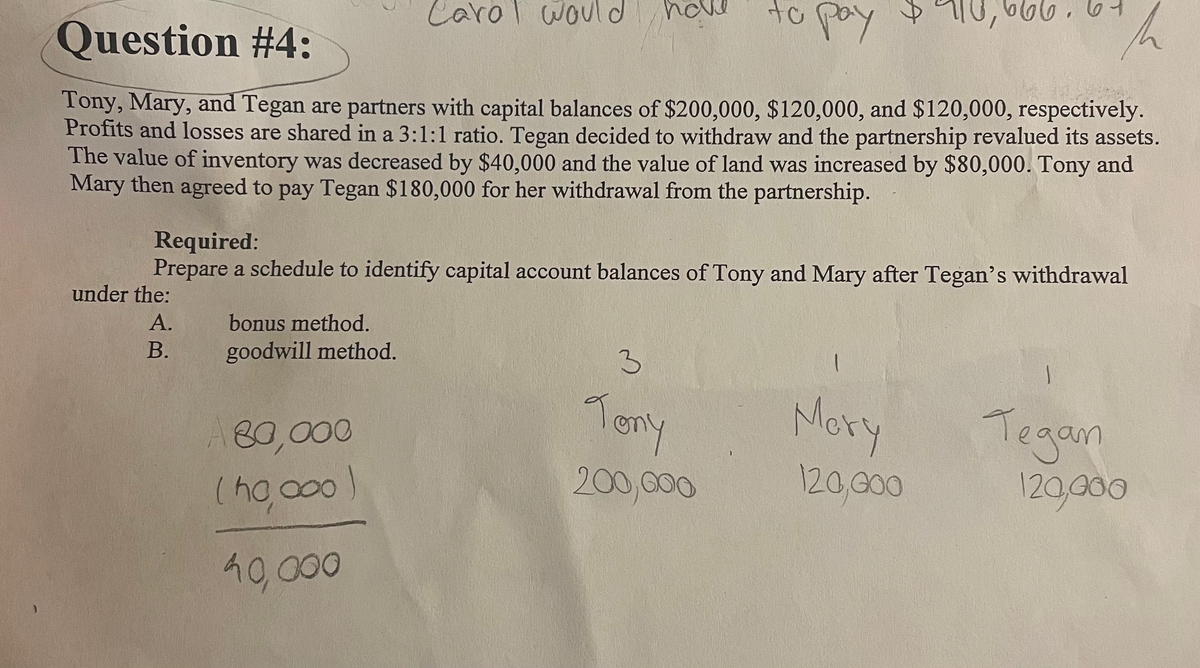 Question #4:
to pay $910,666.67
h
Tony, Mary, and Tegan are partners with capital balances of $200,000, $120,000, and $120,000, respectively.
Profits and losses are shared in a 3:1:1 ratio. Tegan decided to withdraw and the partnership revalued its assets.
The value of inventory was decreased by $40,000 and the value of land was increased by $80,000. Tony and
Mary then agreed to pay Tegan $180,000 for her withdrawal from the partnership.
Required:
Prepare a schedule to identify capital account balances of Tony and Mary after Tegan's withdrawal
under the:
A.
B.
bonus method.
goodwill method.
Carol would
80,000
(ho,000)
40,000
3
Tony
200,000
Mery
120,000
Tegan
120,000
