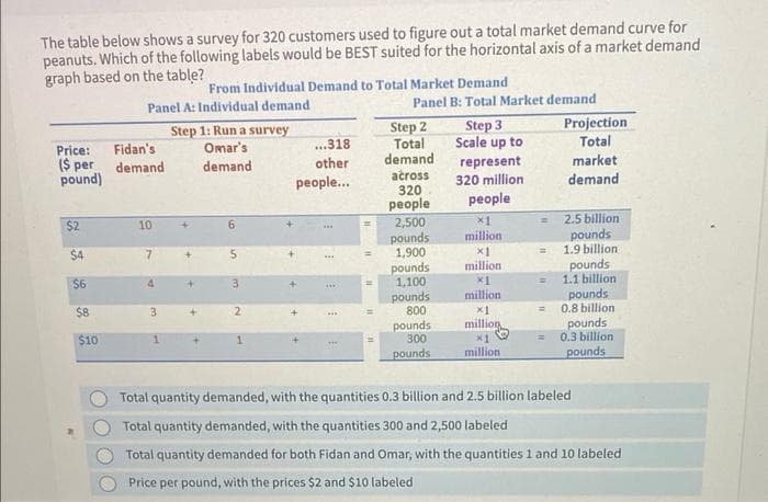 The table below shows a survey for 320 customers used to figure out a total market demand curve for
peanuts. Which of the following labels would be BEST suited for the horizontal axis of a market demand
graph based on the table?
From Individual Demand to Total Market Demand
Panel A: Individual demand
Panel B: Total Market demand
Step 1: Run a survey
Step 2
Price:
($ per
pound)
Fidan's
Omar's
...318
Total
Step 3
Scale up to
Projection
Total
demand
demand
other
demand
represent
market
people...
across
320 million
demand
320
people
people
$2
10
4
6
$4
$6
$8
5
4
3
2
$10
2.5 billion
pounds
1.9 billion
pounds
1.1 billion
pounds
0.8 billion
pounds
0.3 billion
Total quantity demanded, with the quantities 0.3 billion and 2.5 billion labeled
Total quantity demanded, with the quantities 300 and 2,500 labeled
pounds
Total quantity demanded for both Fidan and Omar, with the quantities 1 and 10 labeled
Price per pound, with the prices $2 and $10 labeled
2,500
pounds
million
1,900
"
pounds
million
1,100
pounds
800
pounds
x1
million
x1
million
300
pounds
*1
million