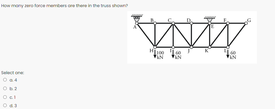 How many zero force members are there in the truss shown?
F.
[E
Hl100 '1 60
VKN
kN
60
♥kN
Select one:
O a. 4
O b. 2
О с. 1
O d. 3

