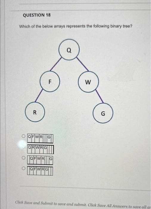 QUESTION 18
Which of the below arrays represents the following binary tree?
Q
F
W
R
G
O lQFwRG
QRWRG
O la FWRIG
O TQFWRG
Click Save and Submit to save and submit. Click Save All Answers to save all ar

