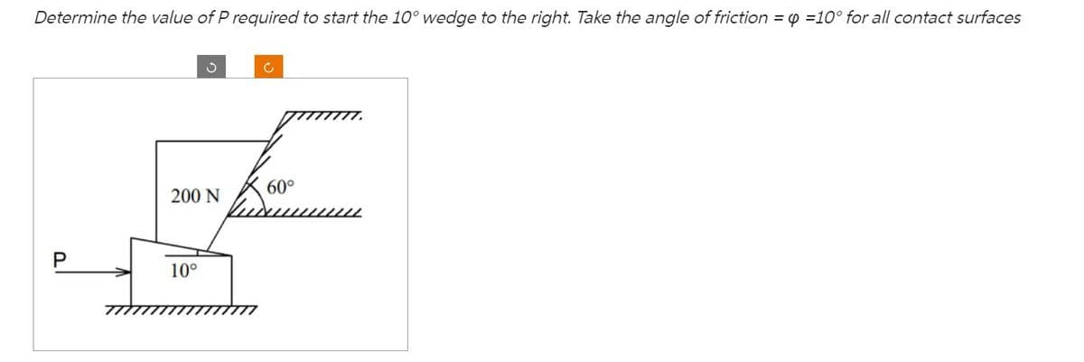 Determine the value of P required to start the 10° wedge to the right. Take the angle of friction = q =10° for all contact surfaces
200 N
P
10°
60°