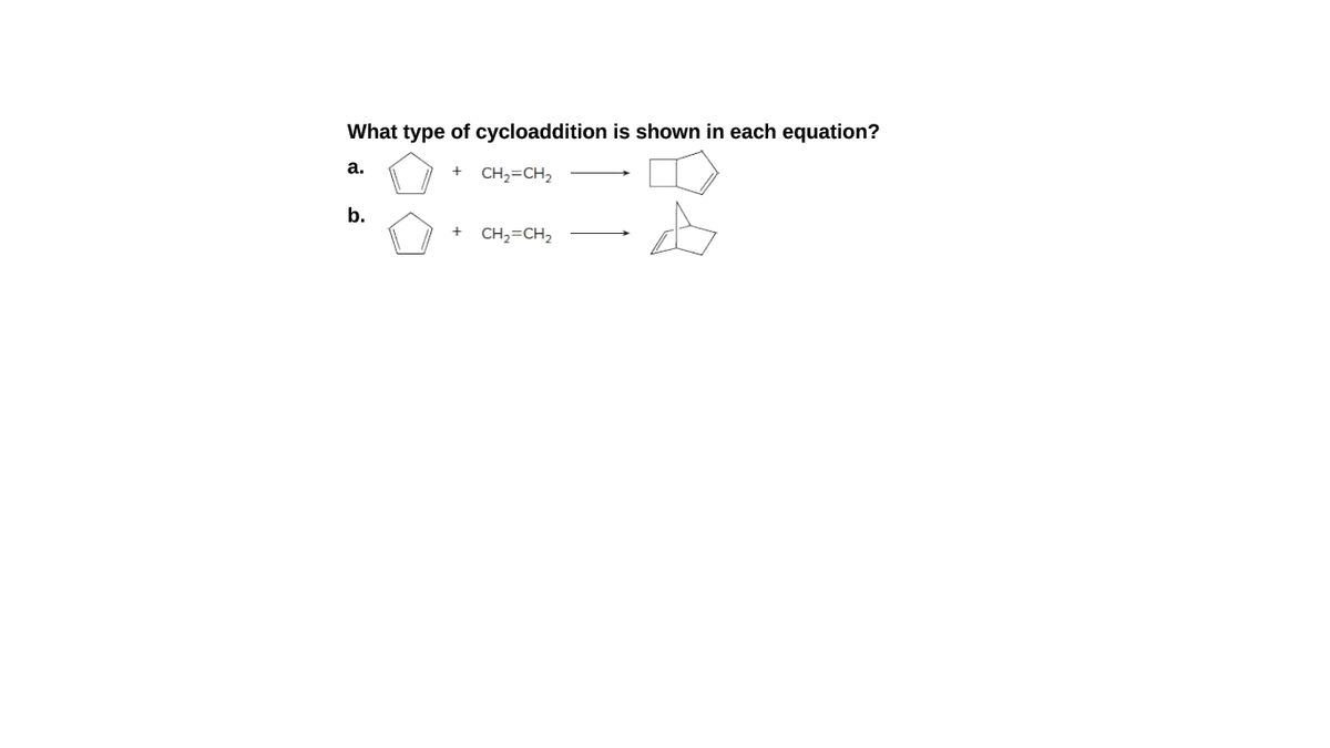What type of cycloaddition is shown in each equation?
a.
CH,=CH,
b.
CH2=CH,
