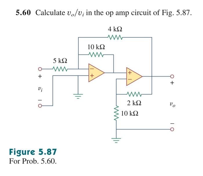 5.60 Calculate vo/v; in the op amp circuit of Fig. 5.87.
4 ΚΩ
+
Vi
ΟΙ
5 ΚΩ
www
Figure 5.87
For Prob. 5.60.
10 ΚΩ
+
ww
2 ΚΩ
10 ΚΩ
+
Vo
ΤΟ