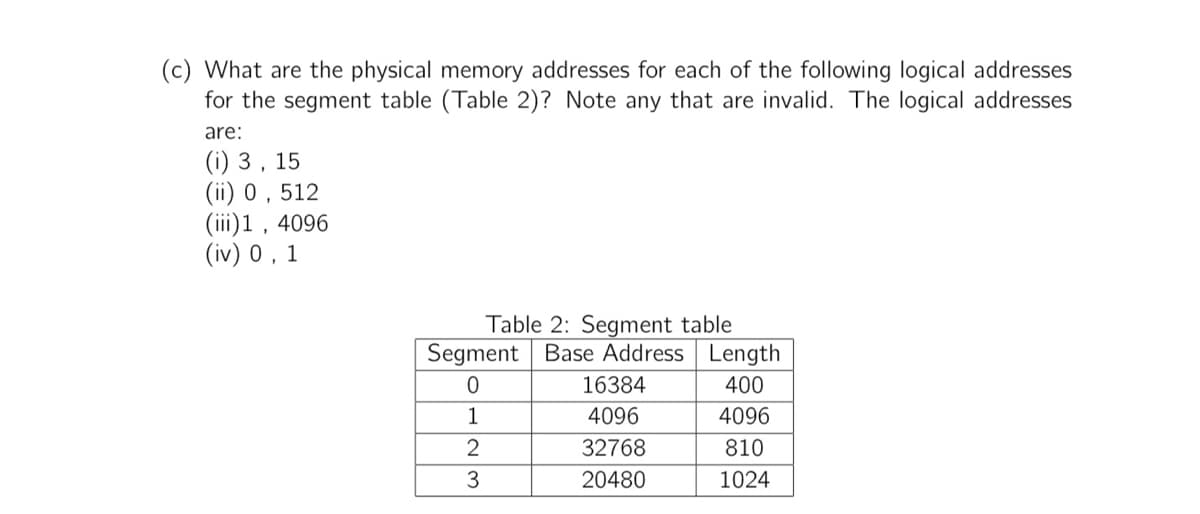 (c) What are the physical memory addresses for each of the following logical addresses
for the segment table (Table 2)? Note any that are invalid. The logical addresses
are:
(i) 3, 15
(ii) 0, 512
(iii) 1, 4096
(iv) 0,1
Table 2: Segment table
Segment Base Address Length
0
400
1
4096
2
810
3
1024
16384
4096
32768
20480