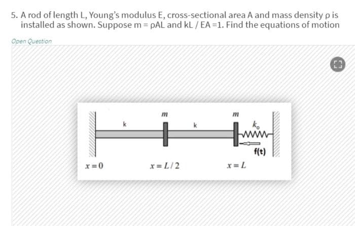 5. A rod of length L, Young's modulus E, cross-sectional area A and mass density p is
installed as shown. Suppose m = pAL and kL / EA =1. Find the equations of motion
Open Question
m
www
f(t)
x=0
x = L/2
x= L
